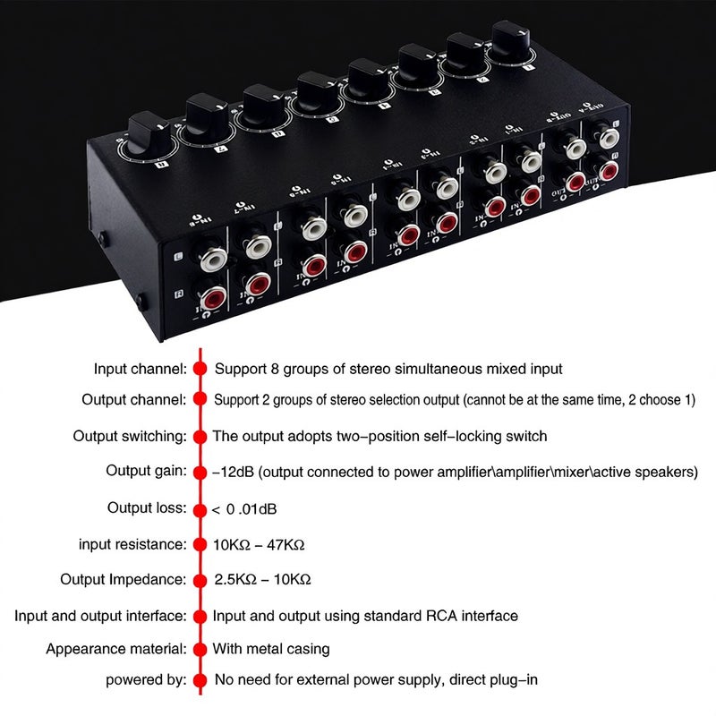 B066 Mini Stereo 8 Channel Passive Mixer RCA Portable Audio Mixer 8 in 2 out Stereo Distributor Volume Control, No External Power Required - Image 5