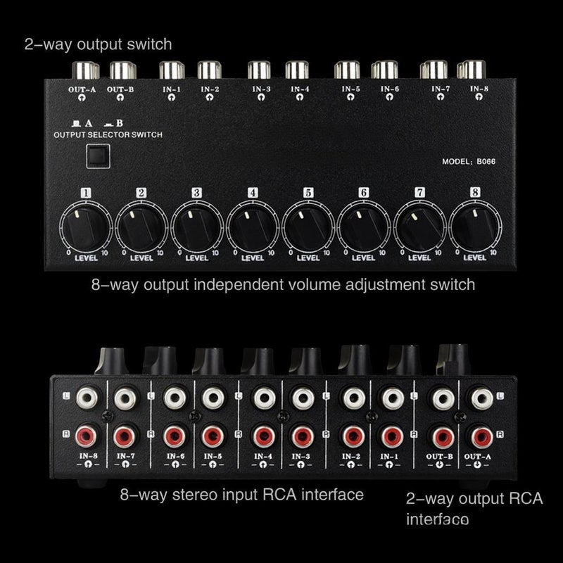 B066 Mini Stereo 8 Channel Passive Mixer RCA Portable Audio Mixer 8 in 2 out Stereo Distributor Volume Control, No External Power Required - Image 2