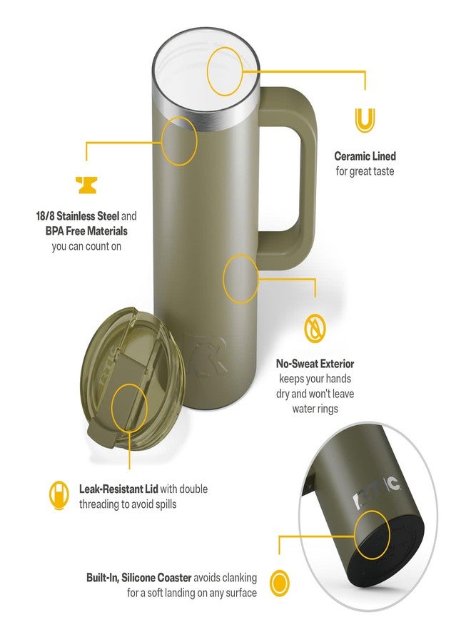 RTIC 20oz Road Trip Travel Mug with Lid and Handle, Ceramic Lined, Insulated, Stainless Steel, Metal, Double Wall Vacuum-Insulation, Portable Coffee, Tea Cup for Hot and Cold Drink, Olive - Image 4