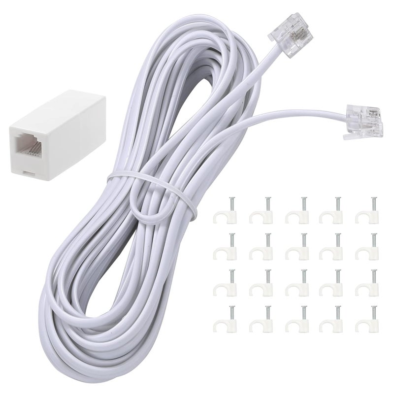 Ubramac 25Feet Long Telephone Extension Cord Phone Cable Line Wire, with Standard RJ11 Plug and 1 in-Line Couplers and 20 Cable Clip Holders-White - Image 1