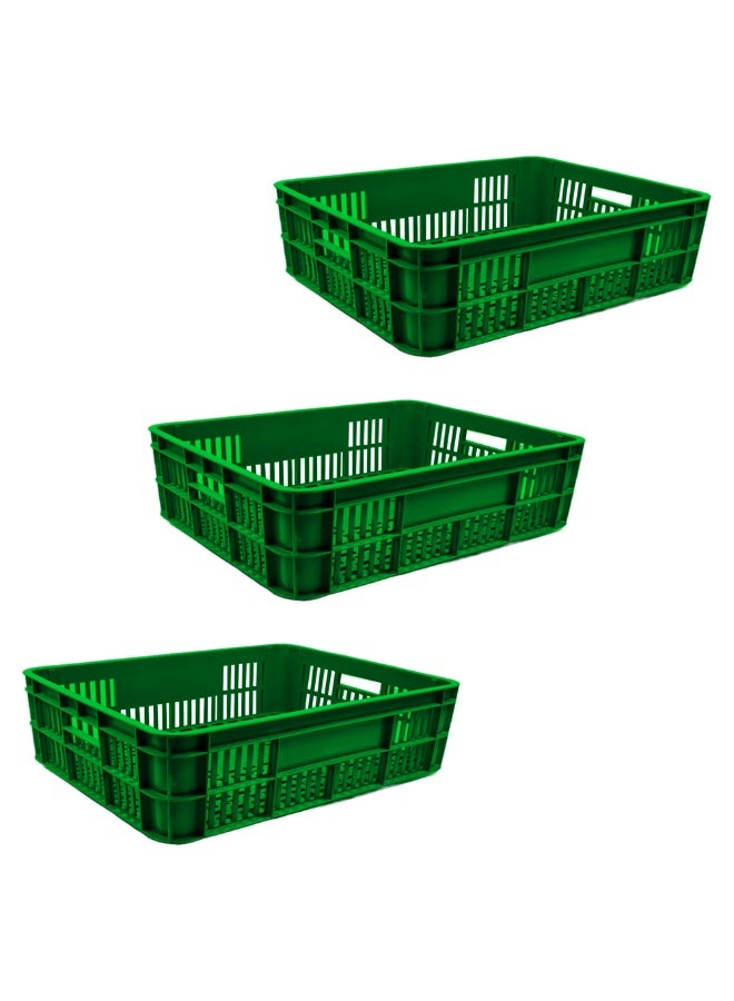 Ethic Solutions 3pcs of Plastic Storage Bakery Crate Box 590×450×170 mm 45L Stackable Heavy Duty Reinforced Walls Anti-Slip Base for Home Industrial Commercial Delivery – Green - Image 1