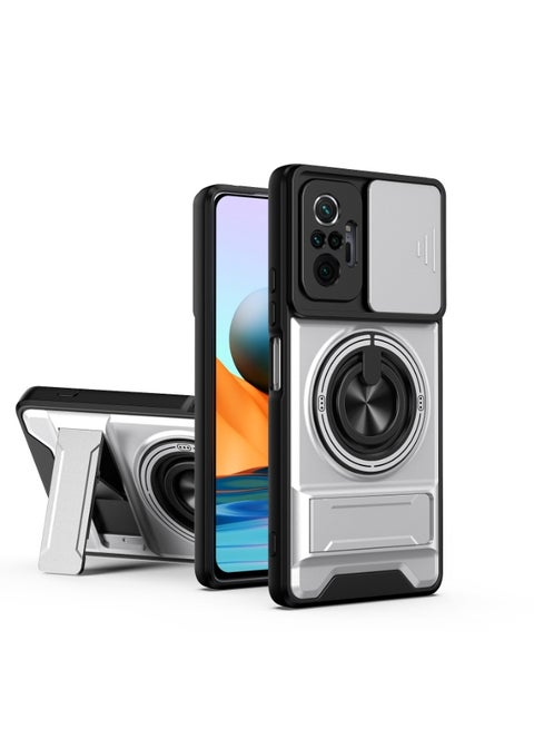 جراب حمايه مقاوم للصدمات مزود بستاند وحلقه دائريه وحمايه للكاميرا متوافق مع  Redmi Note 10 Pro 4G (فضي)