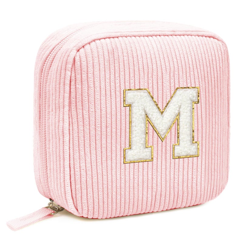 LETGO Cute Makeup Bag for Women - Monogram Personalized Initial Makeup Bags Cosmetic Pouch Pink Make Up Case for Women Her Best Friend Friendship Sister Teacher, Mothers Day Gifts for Mom (Letter M, Pink) - Image 1