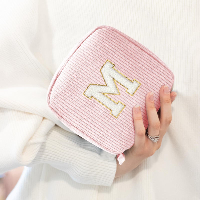 LETGO Cute Makeup Bag for Women - Monogram Personalized Initial Makeup Bags Cosmetic Pouch Pink Make Up Case for Women Her Best Friend Friendship Sister Teacher, Mothers Day Gifts for Mom (Letter M, Pink) - Image 5