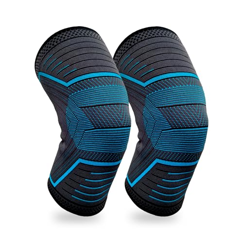 KONEX Elastic & Breathable Knee Cap Support Sleeves | Ideal for Sports, Workouts, Pain Relief, Knee Cap Compression Support, Running, Cycling & Exercise - Large, Blue (1 Pair) - Image 1