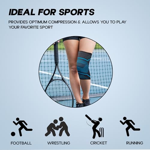 KONEX Elastic & Breathable Knee Cap Support Sleeves | Ideal for Sports, Workouts, Pain Relief, Knee Cap Compression Support, Running, Cycling & Exercise - Large, Blue (1 Pair) - Image 2
