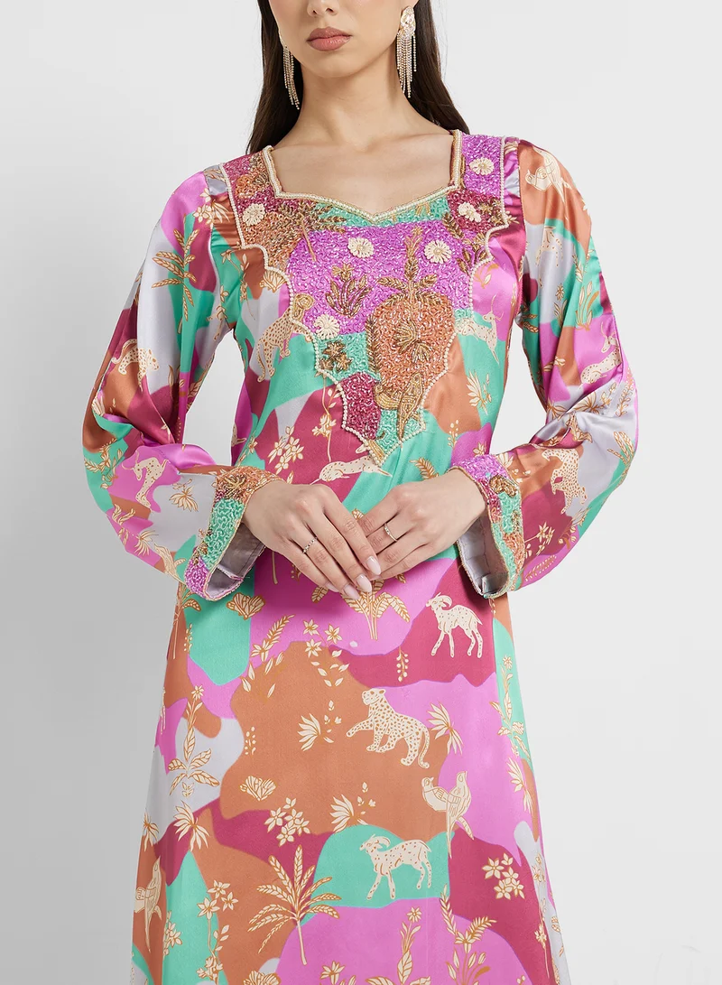 ARABIAN CLOSET Embellished Belted Jalabiya