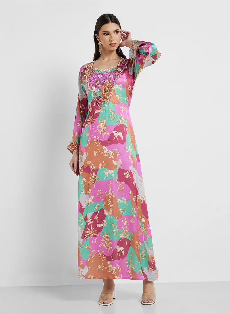 ARABIAN CLOSET Embellished Belted Jalabiya