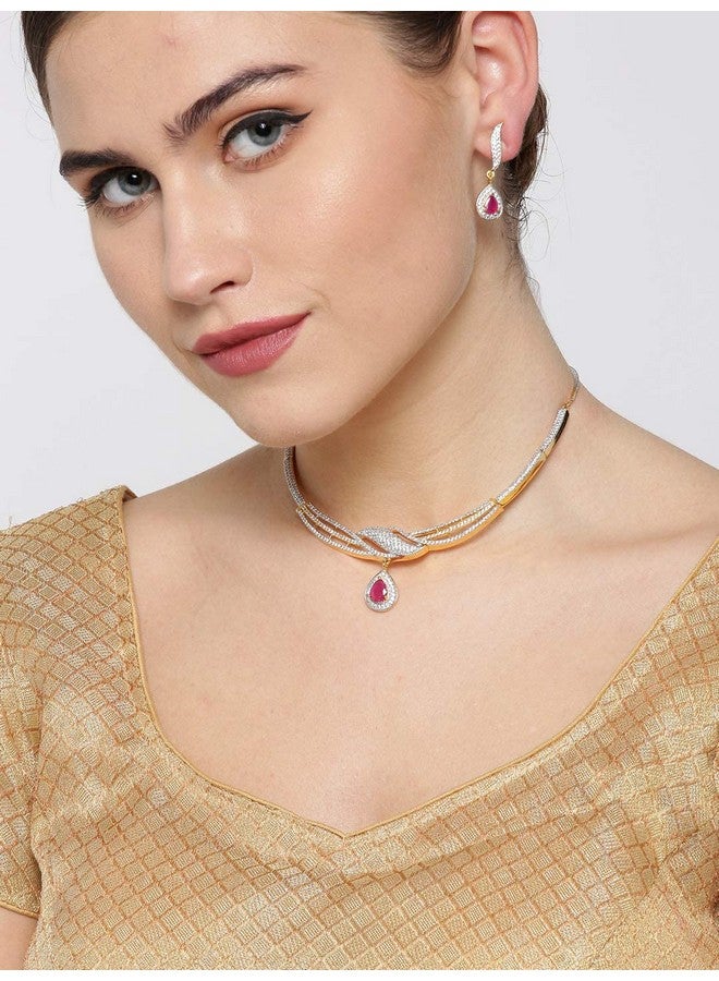 Priyaasi مجموعة مجوهرات الألماس الأمريكي بحجر وردي من برياسي | قلادة فاخرة مع أقراط متدلية | مطلية بالذهب | أفضل هدايا للنساء والفتيات - Image 2