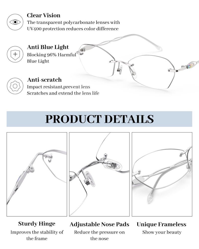 LUFF Rimless Reading Glasses for Women Blue Light Blocking Lightweight Metal Classic Computer Readers Anti Eyestrain - Image 4