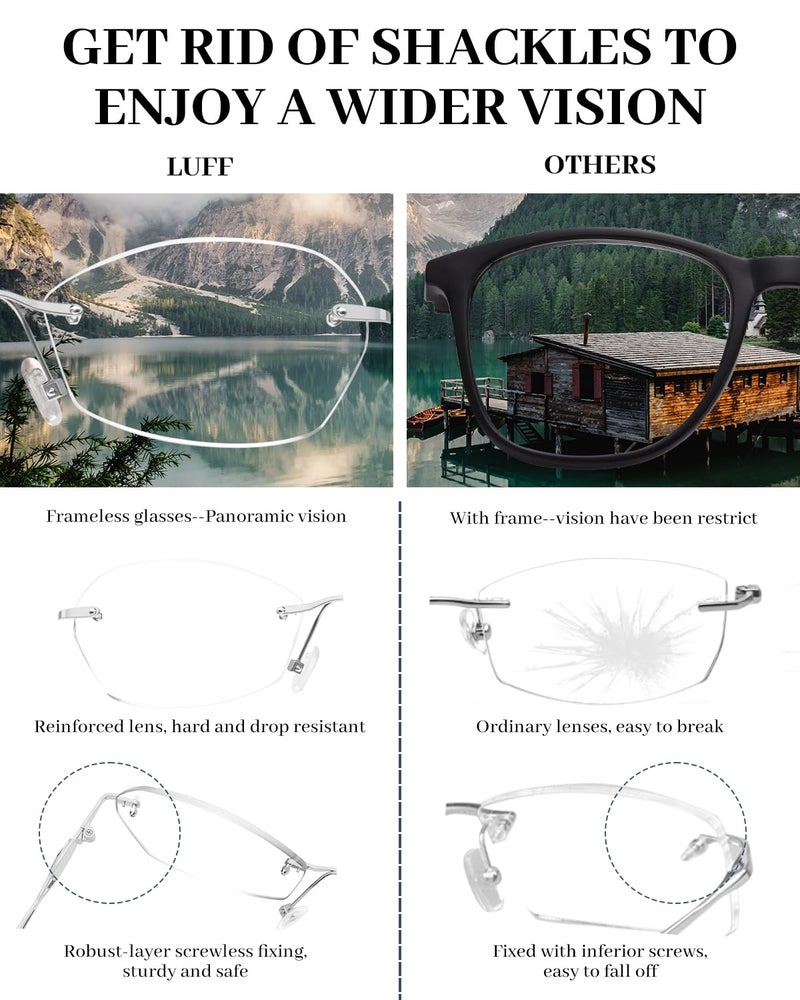 LUFF Rimless Reading Glasses for Women Blue Light Blocking Lightweight Metal Classic Computer Readers Anti Eyestrain - Image 3