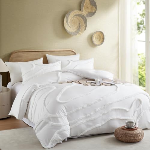 Cupocupa Queen Comforter Set Beige Tufted Comforters Sets Bedding for Queen Bed 3PCS Boho Comforter Soft Fluffy Lightweight Comforter with 2 Pillow Cases for All Season - Image 1
