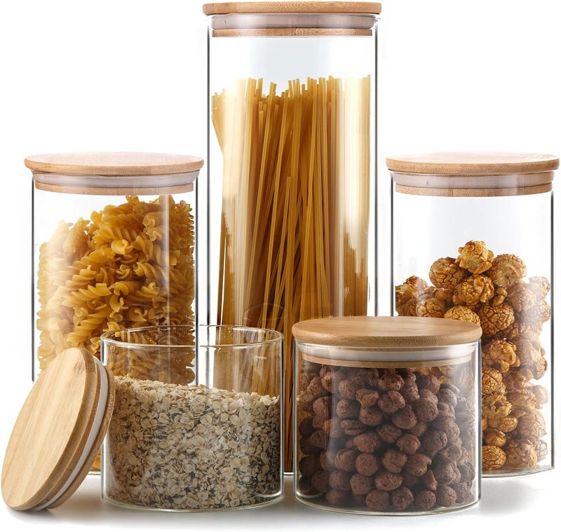 YUNCANG Glass Storage Jars [Set of 5],Clear Glass Food Storage Containers with Airtight Bamboo Lid Stackable Kitchen Canisters for Candy,Cookie,Rice,Sugar,Flour,Pasta,Nuts and Spice Jars - Image 1