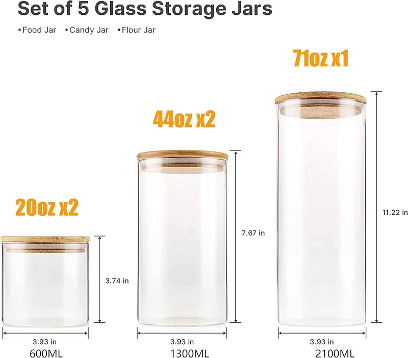 YUNCANG Glass Storage Jars [Set of 5],Clear Glass Food Storage Containers with Airtight Bamboo Lid Stackable Kitchen Canisters for Candy,Cookie,Rice,Sugar,Flour,Pasta,Nuts and Spice Jars - Image 3