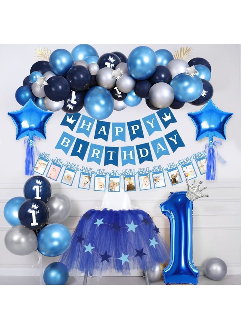 SOLARAE زينة عيد الميلاد الأول للأولاد، بالون أزرق لحفلة الأولاد، بالون معدني أزرق مع بالونات كونفيتي زرقاء، لافتة عيد ميلاد سعيدة، بالونات لاتكس زرقاء وفضية، بالونات نجوم فويل لحفلة استحمام الأولاد - Image 2