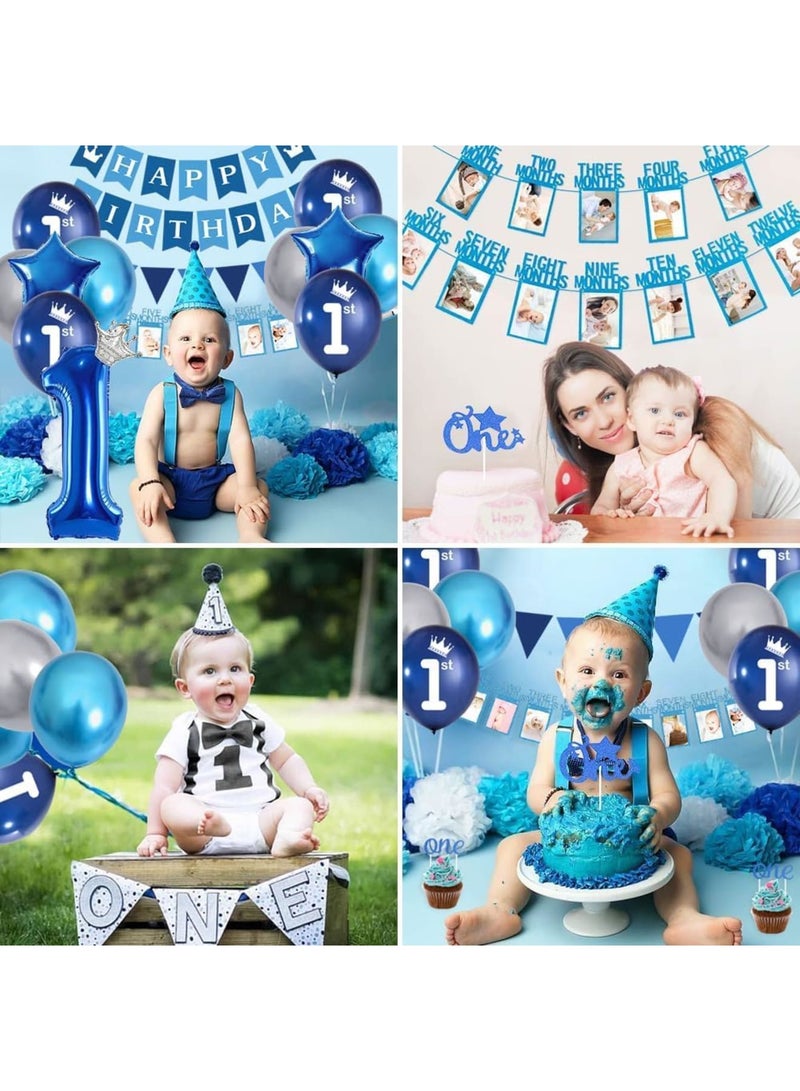 SOLARAE زينة عيد الميلاد الأول للأولاد، بالون أزرق لحفلة الأولاد، بالون معدني أزرق مع بالونات كونفيتي زرقاء، لافتة عيد ميلاد سعيدة، بالونات لاتكس زرقاء وفضية، بالونات نجوم فويل لحفلة استحمام الأولاد - Image 5