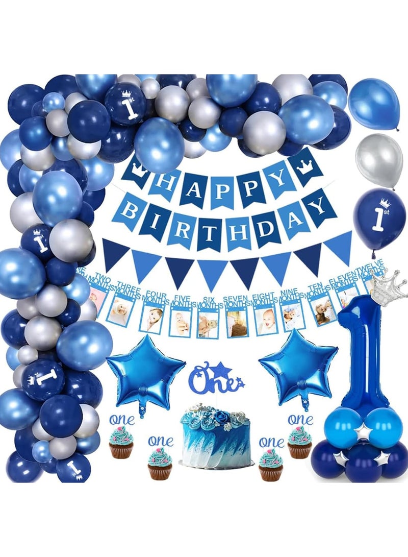 SOLARAE زينة عيد الميلاد الأول للأولاد، بالون أزرق لحفلة الأولاد، بالون معدني أزرق مع بالونات كونفيتي زرقاء، لافتة عيد ميلاد سعيدة، بالونات لاتكس زرقاء وفضية، بالونات نجوم فويل لحفلة استحمام الأولاد - Image 1