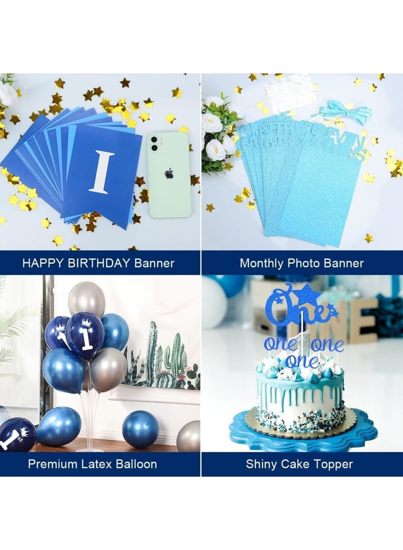 SOLARAE زينة عيد الميلاد الأول للأولاد، بالون أزرق لحفلة الأولاد، بالون معدني أزرق مع بالونات كونفيتي زرقاء، لافتة عيد ميلاد سعيدة، بالونات لاتكس زرقاء وفضية، بالونات نجوم فويل لحفلة استحمام الأولاد - Image 4