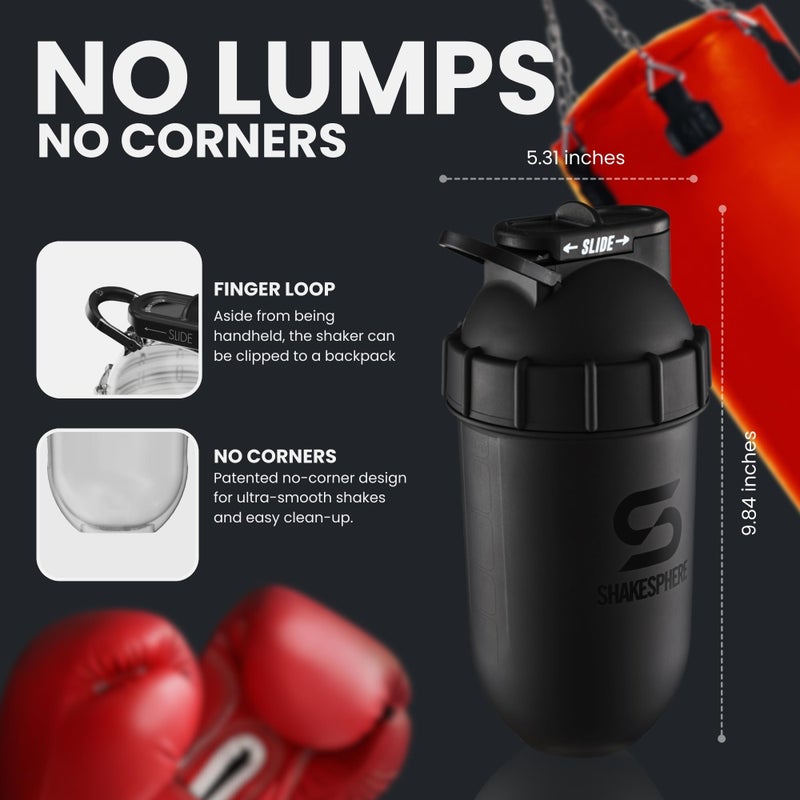 SHAKESPHERE زجاجة شاكر شايكسبير - 24 أونصة زجاجة بروتين مقاومة للتسرب للتمارين الرياضية، السموذي، ومزيج المشروبات البودرة، خلاط بدون شفرات للجيم، خالية من BPA، سهلة التنظيف وسهلة الحمل (أسود غير لامع) - Image 5