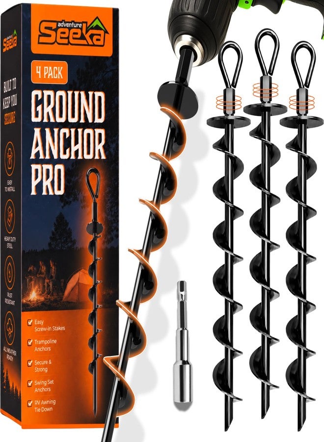 Adventure Seeka Ground Anchors Screw in Heavy Duty - 4 Pack with Power Nut Driver Drill Bit, Spiral Ground Stakes, Swing Set Anchors, Trampoline Tie Down Kit, High Wind Tent Stakes for Canopy, Car Port, RV Awning - Image 1