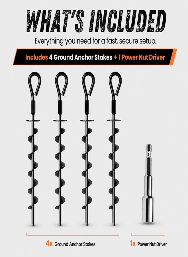 Adventure Seeka Ground Anchors Screw in Heavy Duty - 4 Pack with Power Nut Driver Drill Bit, Spiral Ground Stakes, Swing Set Anchors, Trampoline Tie Down Kit, High Wind Tent Stakes for Canopy, Car Port, RV Awning - Image 5