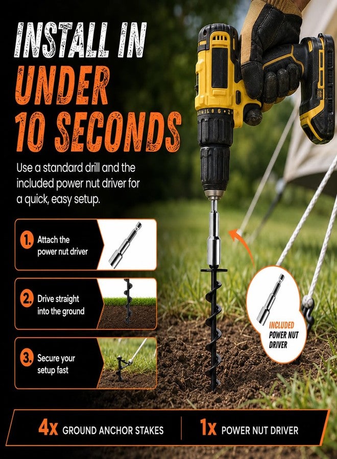 Adventure Seeka Ground Anchors Screw in Heavy Duty - 4 Pack with Power Nut Driver Drill Bit, Spiral Ground Stakes, Swing Set Anchors, Trampoline Tie Down Kit, High Wind Tent Stakes for Canopy, Car Port, RV Awning - Image 3