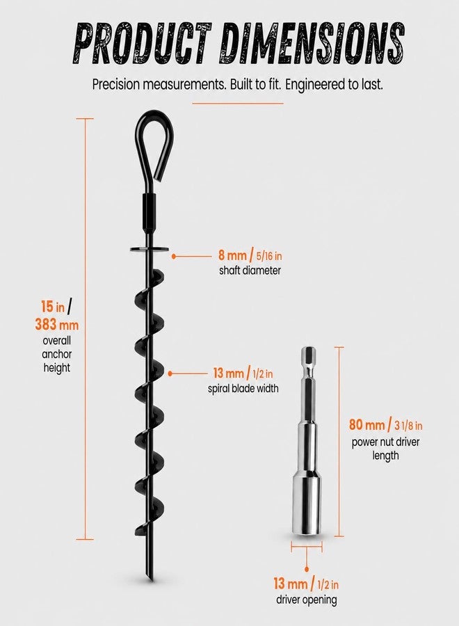 Adventure Seeka Ground Anchors Screw in Heavy Duty - 4 Pack with Power Nut Driver Drill Bit, Spiral Ground Stakes, Swing Set Anchors, Trampoline Tie Down Kit, High Wind Tent Stakes for Canopy, Car Port, RV Awning - Image 4