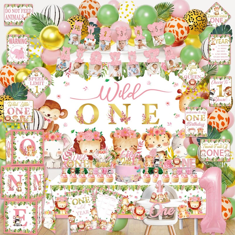 Mpanwen Wild One Birthday Decorations Girls 132 Pcs Pink First Safari Jungle Theme Party Supplies for Girl Baby Backdrop Tablecloth Palm Leaves Centerpieces Crown Poster Wall Signs Blocks - Image 3
