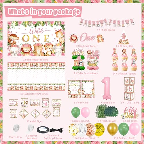 Mpanwen Wild One Birthday Decorations Girls 132 Pcs Pink First Safari Jungle Theme Party Supplies for Girl Baby Backdrop Tablecloth Palm Leaves Centerpieces Crown Poster Wall Signs Blocks - Image 5