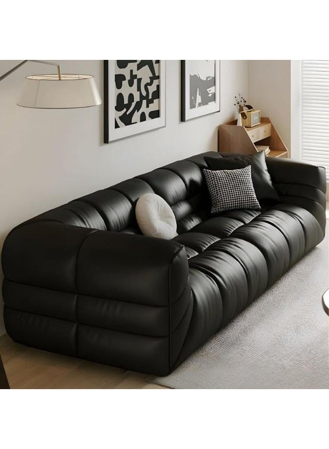 Comfynest Contemporary Faux Leather Sofa In Black With Tuxedo Arm And Sewn Pillow Back - Image 2