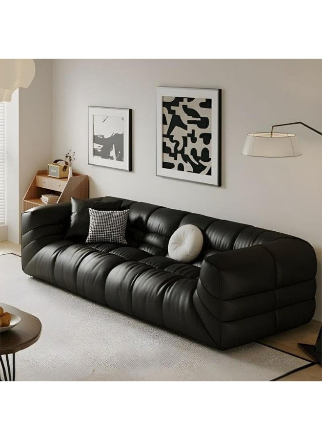 Comfynest Contemporary Faux Leather Sofa In Black With Tuxedo Arm And Sewn Pillow Back - Image 1
