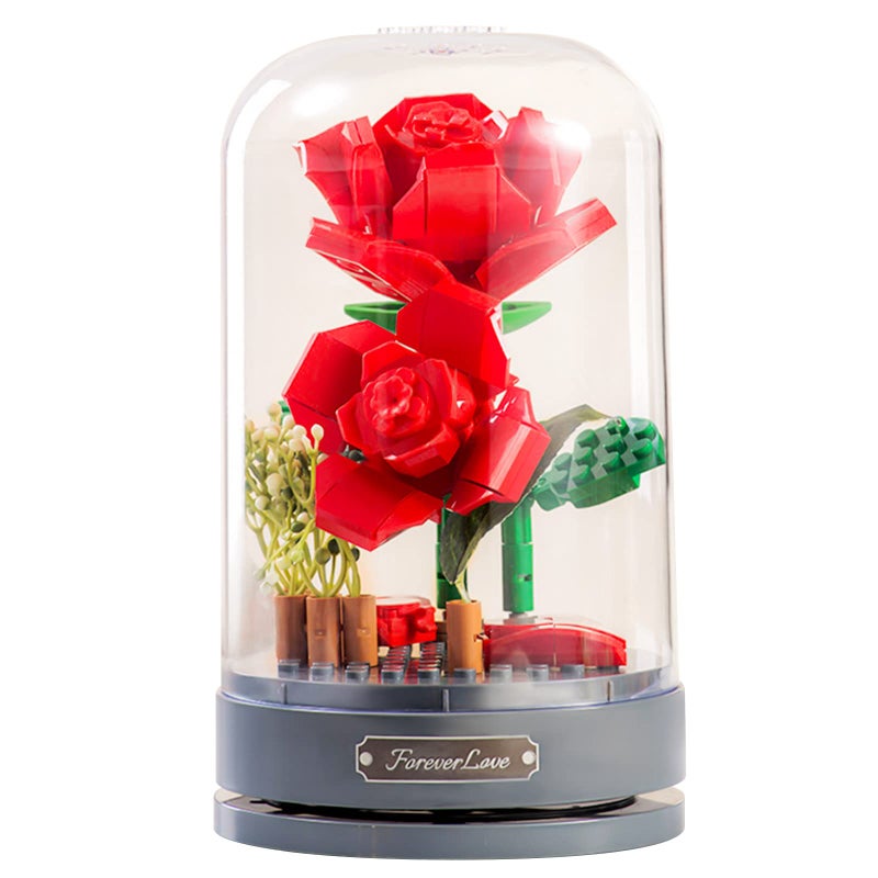 MEIEST Building Blocks Flowers Bouquet Set with Music Box and DustProof DomeSimulation Artificial Particle Flower Collection Construction Building Bricks ToyHome Decor6 Red Rose 6198