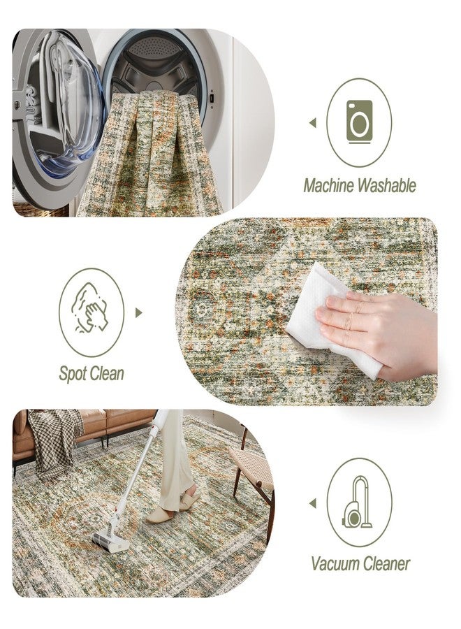 Soalmost 5x7 Area Rugs Green Orange Low Pile Indoor Washable Trendy Faded Style Rugs for Bedroom Living Room Dining Room Foldable Non-Slip Thin Print Mat - Image 4