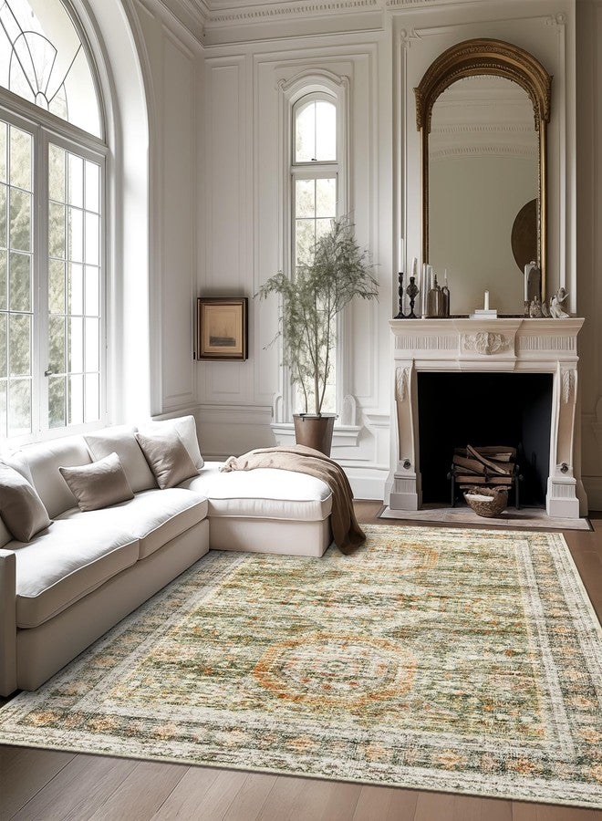 Soalmost 5x7 Area Rugs Green Orange Low Pile Indoor Washable Trendy Faded Style Rugs for Bedroom Living Room Dining Room Foldable Non-Slip Thin Print Mat - Image 2