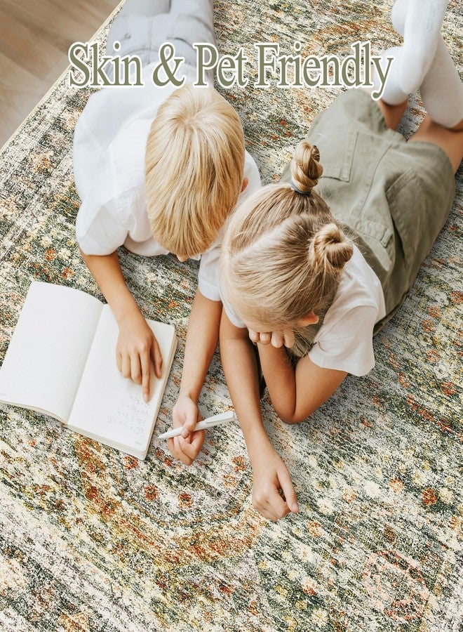 Soalmost 5x7 Area Rugs Green Orange Low Pile Indoor Washable Trendy Faded Style Rugs for Bedroom Living Room Dining Room Foldable Non-Slip Thin Print Mat - Image 3