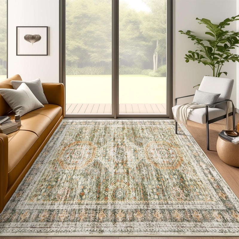 Soalmost 5x7 Area Rugs Green Orange Low Pile Indoor Washable Trendy Faded Style Rugs for Bedroom Living Room Dining Room Foldable Non-Slip Thin Print Mat - Image 1