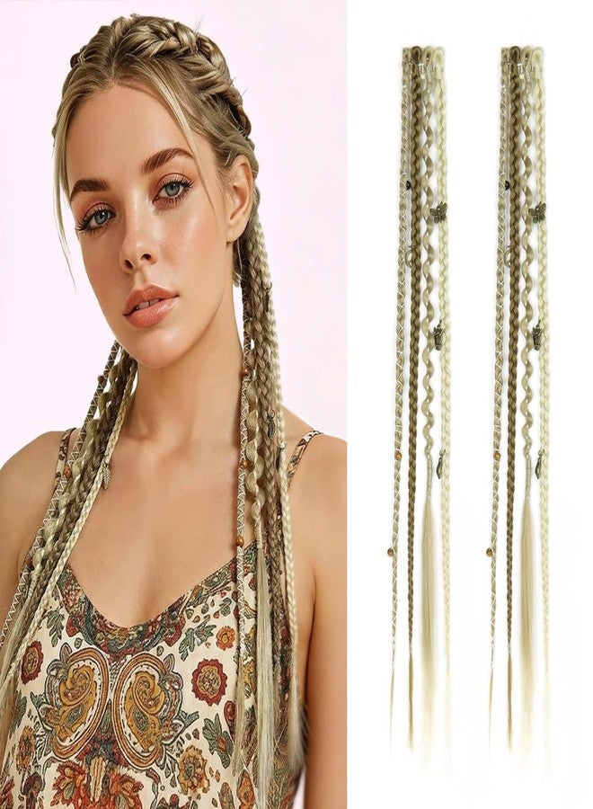 MODERN QUEEN Clip in Braid Hair Extensions, 18 inch Boho Dreadlock Hwithmade Synthetic Braided Hairpieces, 2 Pcs Clip in Braids with Beads & Charms for Women Cosplay(Medium Blonde With Light Blonde) - Image 1