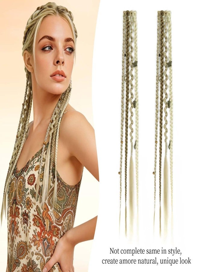 MODERN QUEEN Clip in Braid Hair Extensions, 18 inch Boho Dreadlock Hwithmade Synthetic Braided Hairpieces, 2 Pcs Clip in Braids with Beads & Charms for Women Cosplay(Medium Blonde With Light Blonde) - Image 4