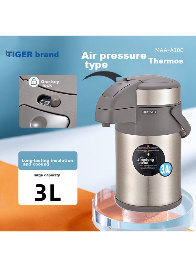 TIGER ترمس تايجر من الفولاذ المقاوم للصدأ معزول، زجاجة ماء ساخن بضغط الهواء، مآ-أ30سي ذهبي شامبانيا، 3 لترات - Image 1