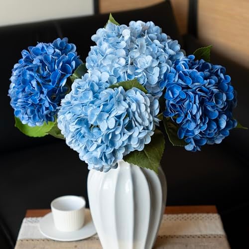 DUYONE 22Real Soft Touch Hydrangea Artificial Flowers RealisticLarge Long Stem Fake Flowers Full Latex FauxWedding BouquetParty Home DecorGarden Office Room Table Centerpieces Blue 2 Klein Blue 2 - Image 1