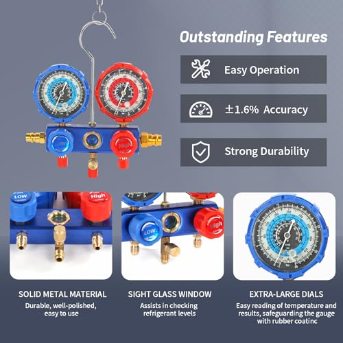 PB Motor Tech BMT PB Motor Tech 3 Way AC Manifold Gauge Set for R134A, R410A, R22, R404A Refrigerants, with Quick Couplers, 410 Adapter, Puncturing Can Tap, Valve Core Tool. Perfect for Air Conditioning Maintenance - Image 3
