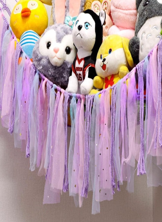 PATPAT® DIY Stuffed Animal Toy Hammock Girls Room Decoration Plush Toy Hanging Storage Net Dreamy Purple Tassle Ribbon Hanging Net Self Adhesive Hanging Decorative Net Wall Corner Triangle Hangings - Image 3