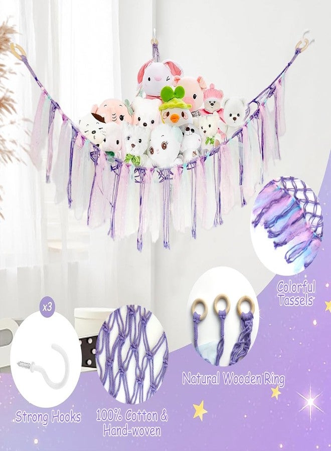 PATPAT® DIY Stuffed Animal Toy Hammock Girls Room Decoration Plush Toy Hanging Storage Net Dreamy Purple Tassle Ribbon Hanging Net Self Adhesive Hanging Decorative Net Wall Corner Triangle Hangings - Image 2