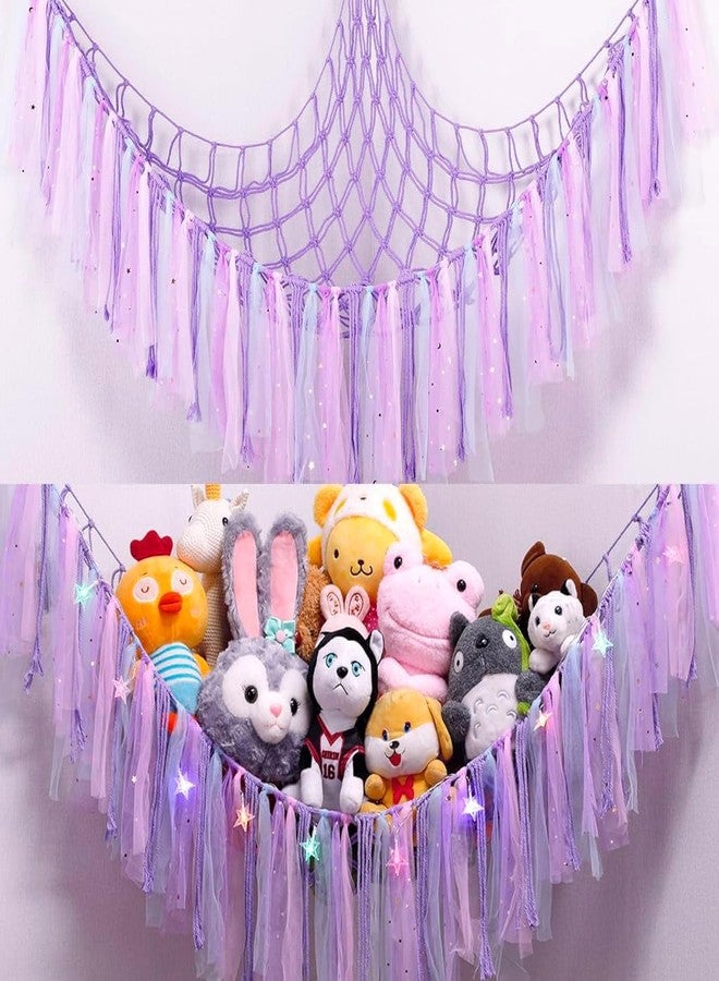 PATPAT® DIY Stuffed Animal Toy Hammock Girls Room Decoration Plush Toy Hanging Storage Net Dreamy Purple Tassle Ribbon Hanging Net Self Adhesive Hanging Decorative Net Wall Corner Triangle Hangings - Image 1