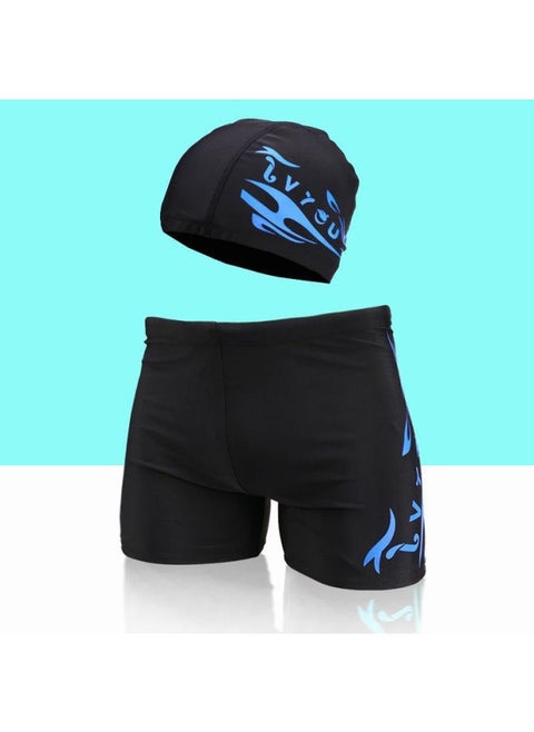 Men's Swimming Trunks And Swimming Cap Set Learning Swimming Equipment Quick-Drying Boxer Hot Spring Large Size Flame Five-Point Swimming Trunks-Color:8701 Blue Label Pants + Hat-xxl (recommended Weight 60-72.5kg )