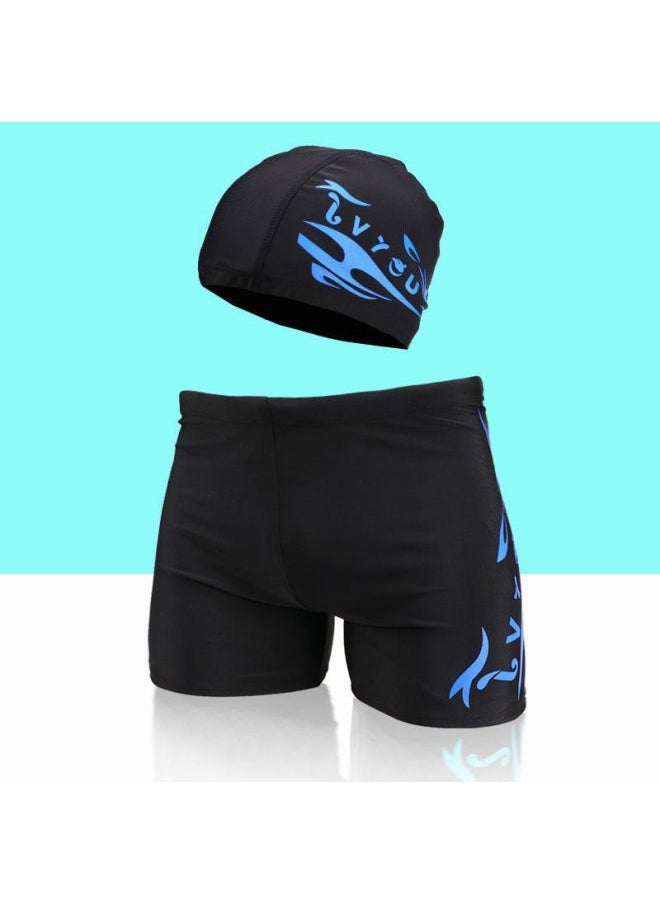Generic - Men's Swimming Trunks And Swimming Cap Set Learning Swimming Equipment Quick-Drying Boxer Hot Spring Large Size Flame Five-Point Swimming Trunks-Color:8701 Blue Label Pants + Hat-xxl (recommended Weight 60-72.5kg ) - Image 1