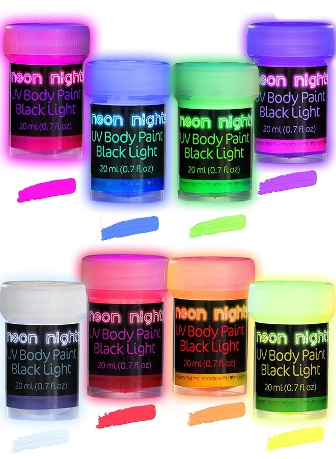 neon nights 8 x UV Body Paint Set | Black Light Glow Makeup Kit | Fluorescent Face Paints for Halloween Blacklight Bodypainting - Image 1