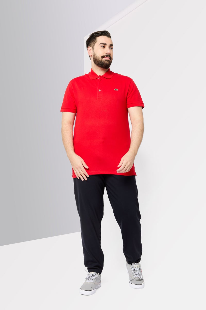 LACOSTE قميص بولو بأكمام قصيرة ضيق للرجال، مزين بشعار، أحمر - Image 2