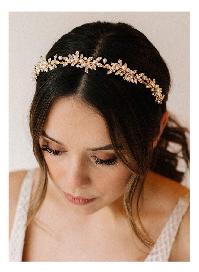 SWEETV Rhinestone Bridal Headband Gold Crystal Tiara For Women Pearl Wedding Headpieces For Bride Hair Accessories For Prom Birthday Party  - Image 2
