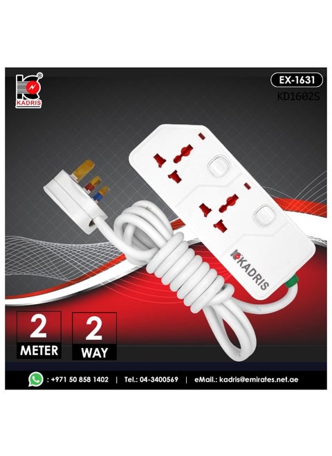 Power Strips KD1602S Heavy Duty Extension Cord with 2 way Outlets with switches, Charging Socket with 2 meter Heat resistant  Extension Cord (White)